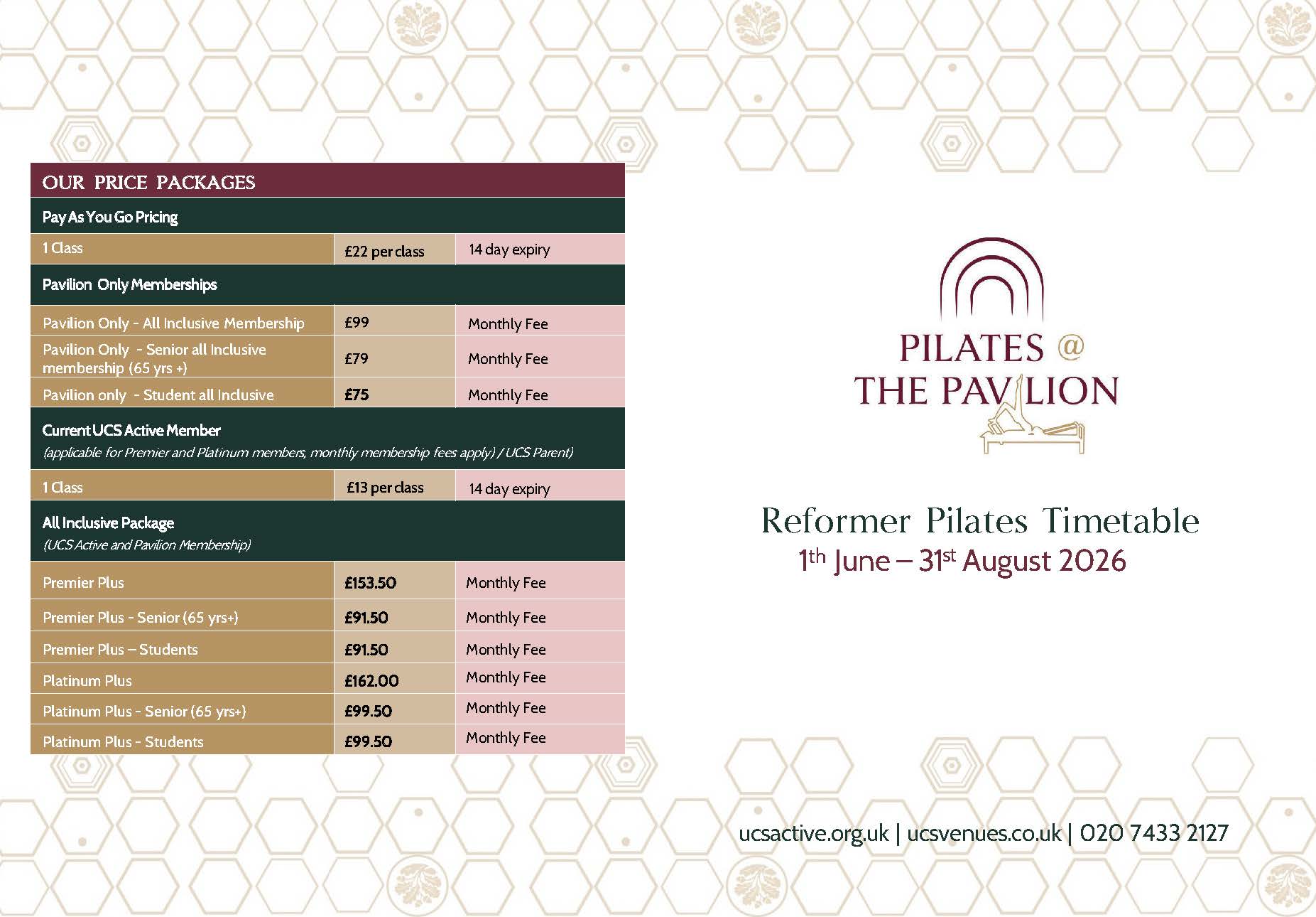 Reformer Pilates Timetable - West Hampstead